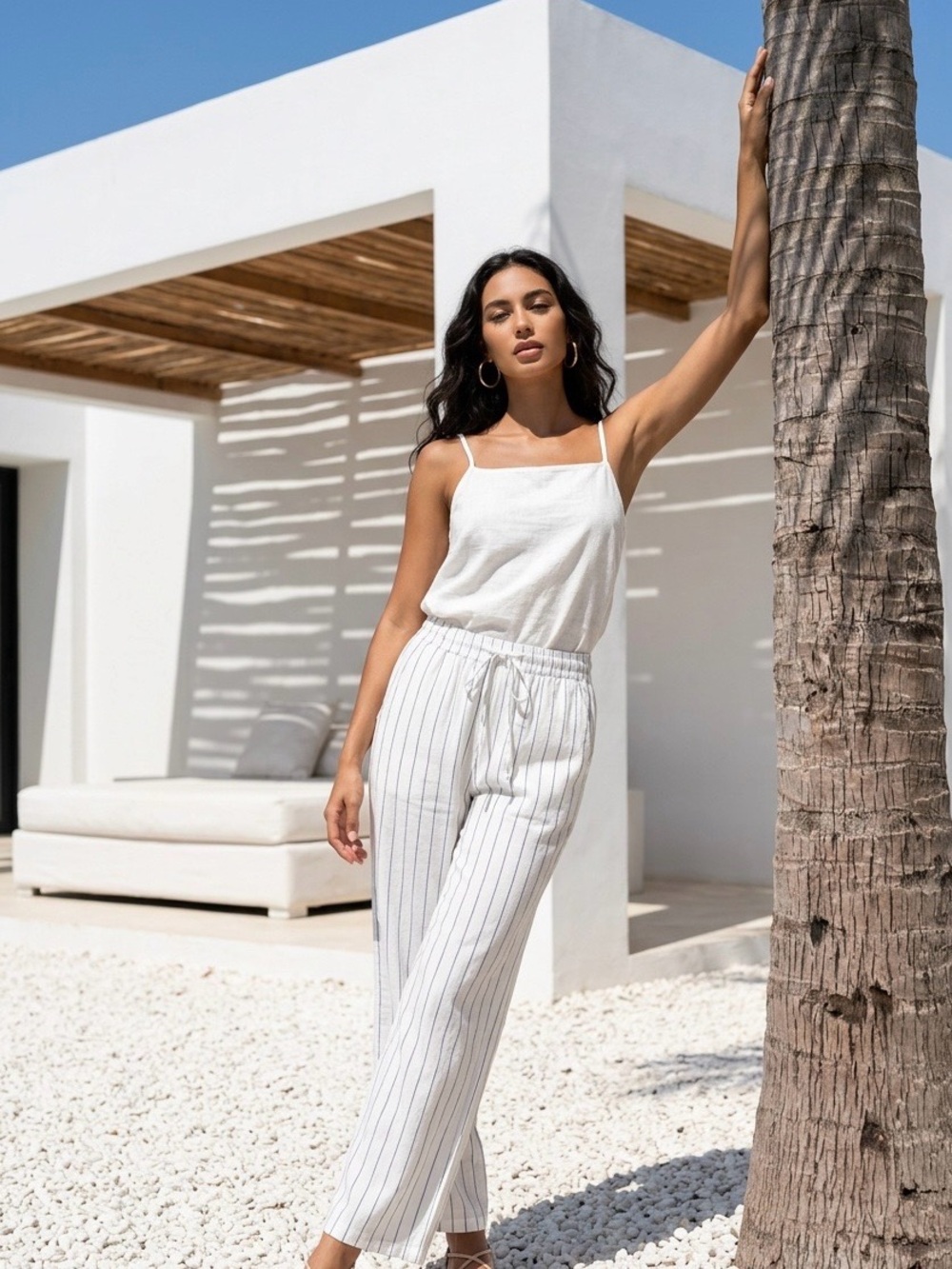 Sienna Sky White with dark Gray Pinstripe Wide-Leg Pants